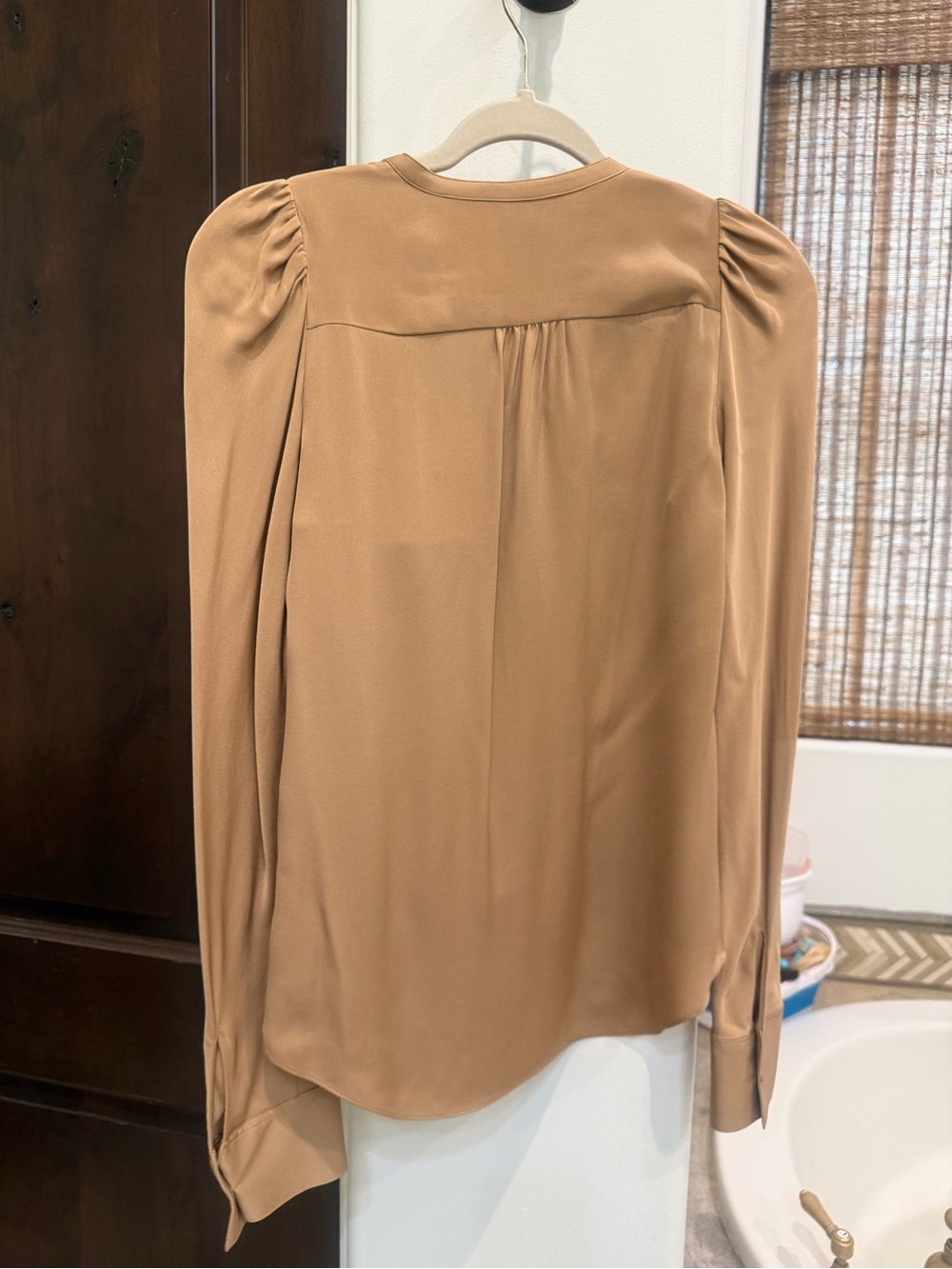 Theory Camel Tan Long-Sleeve Silk Blouse NWT - Picture 2 of 7
